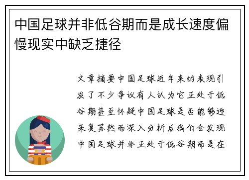 中国足球并非低谷期而是成长速度偏慢现实中缺乏捷径